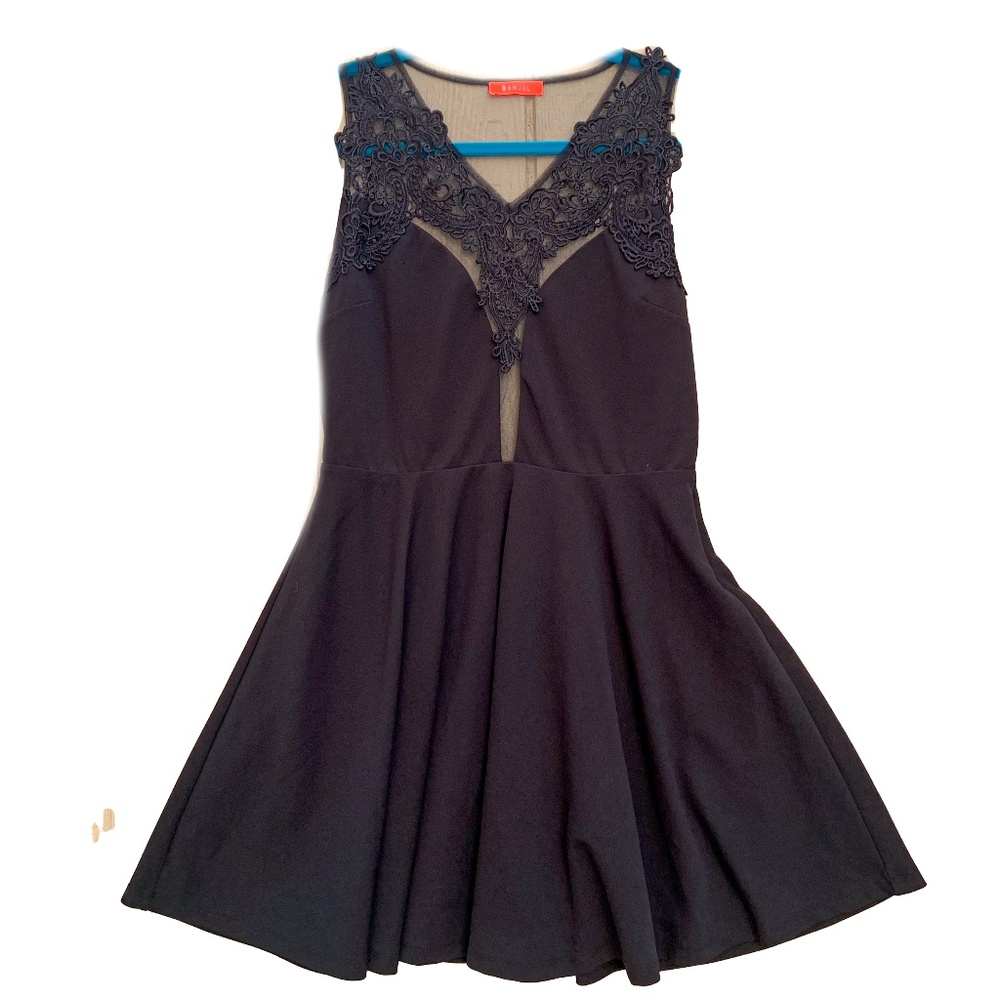 Banjul Black Fit and Flare Mini Dress V-neck Sheer‎ Lace Bodice 1X